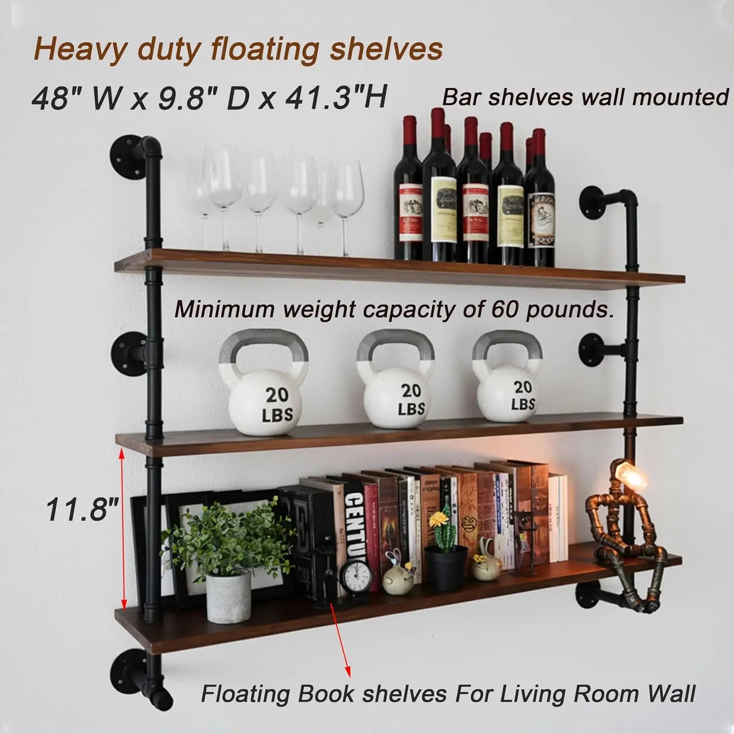 Industrial Pipe Wall Shelves with Real Wood Plank in Dark Brown