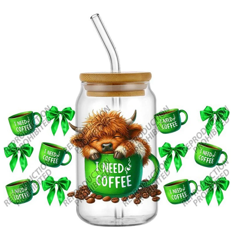 Scotland cow I need coffee UV DTF  Decals for 16oz cup wraps