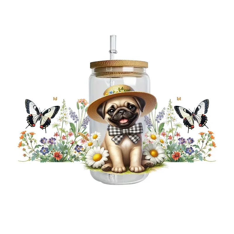 Cute dogs artwork UV 3D transfers UV DTF  stickers 16oz cup wraps