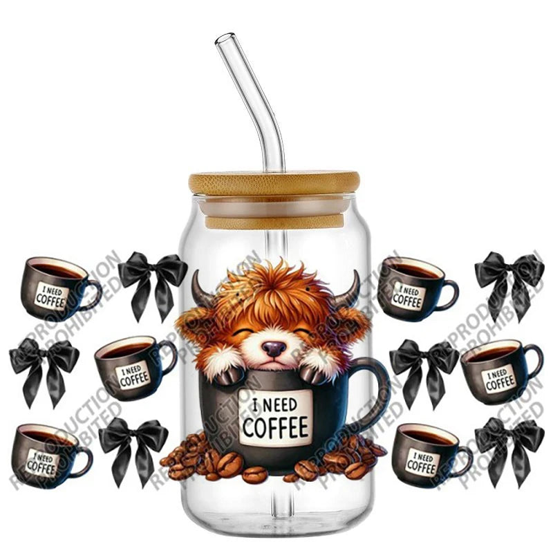 Scotland cow I need coffee UV DTF  Decals for 16oz cup wraps