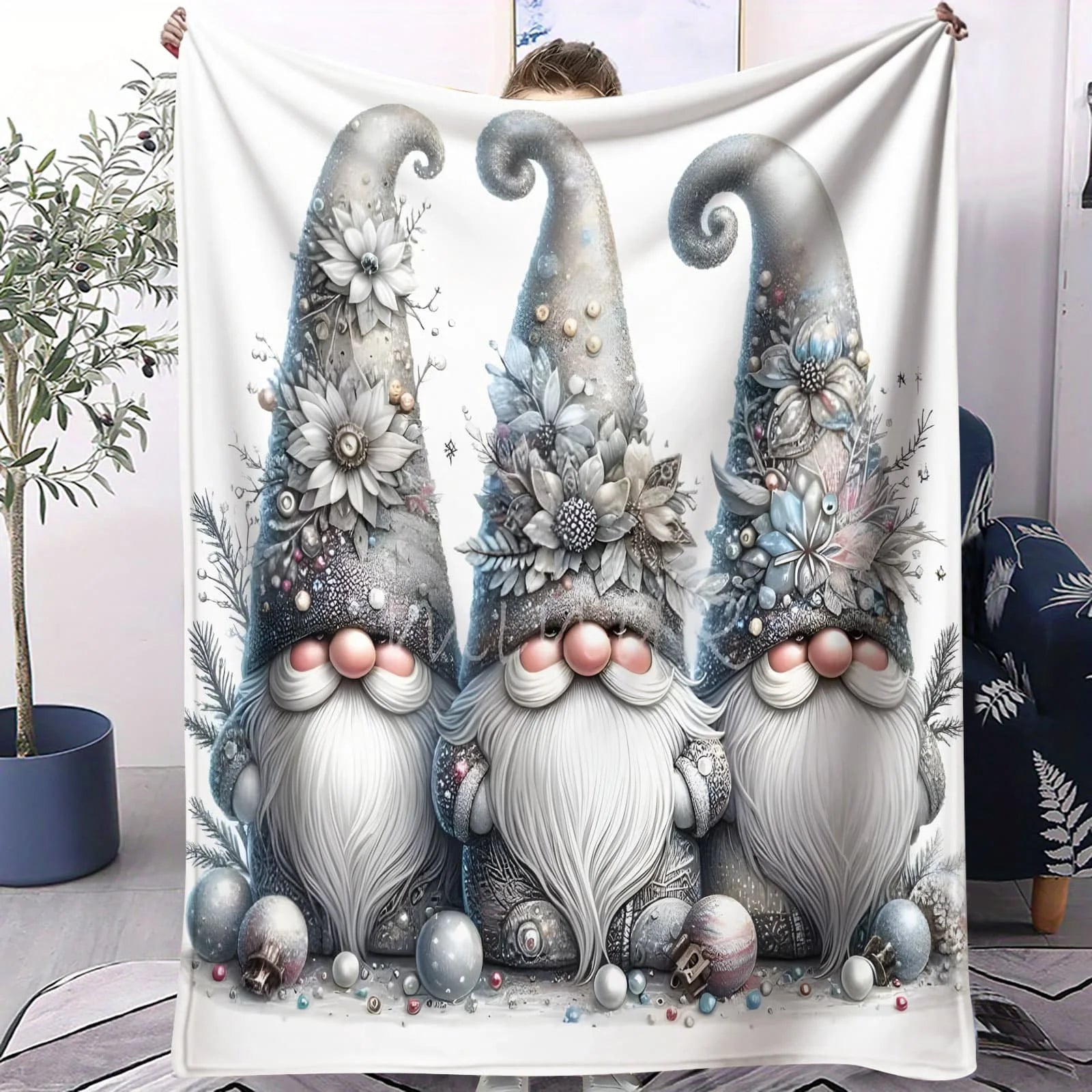 Fantasy Gnome Flannel Blanket Flower Christmas Gnomes Bedroom Throw Decor Camping Sofa Blanket Kids Couples Family Friends Gift