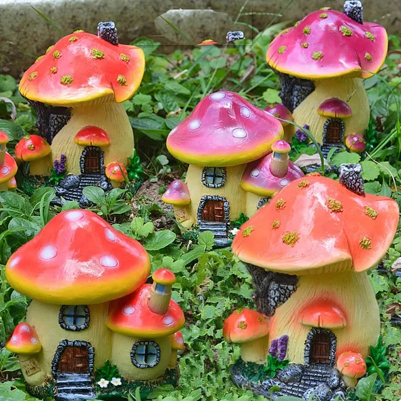 Cute Resin Mini Mushroom House Outdoor Garden Decoration Statue Gnome's House Sculpture For Home Office Room Decor Ornament