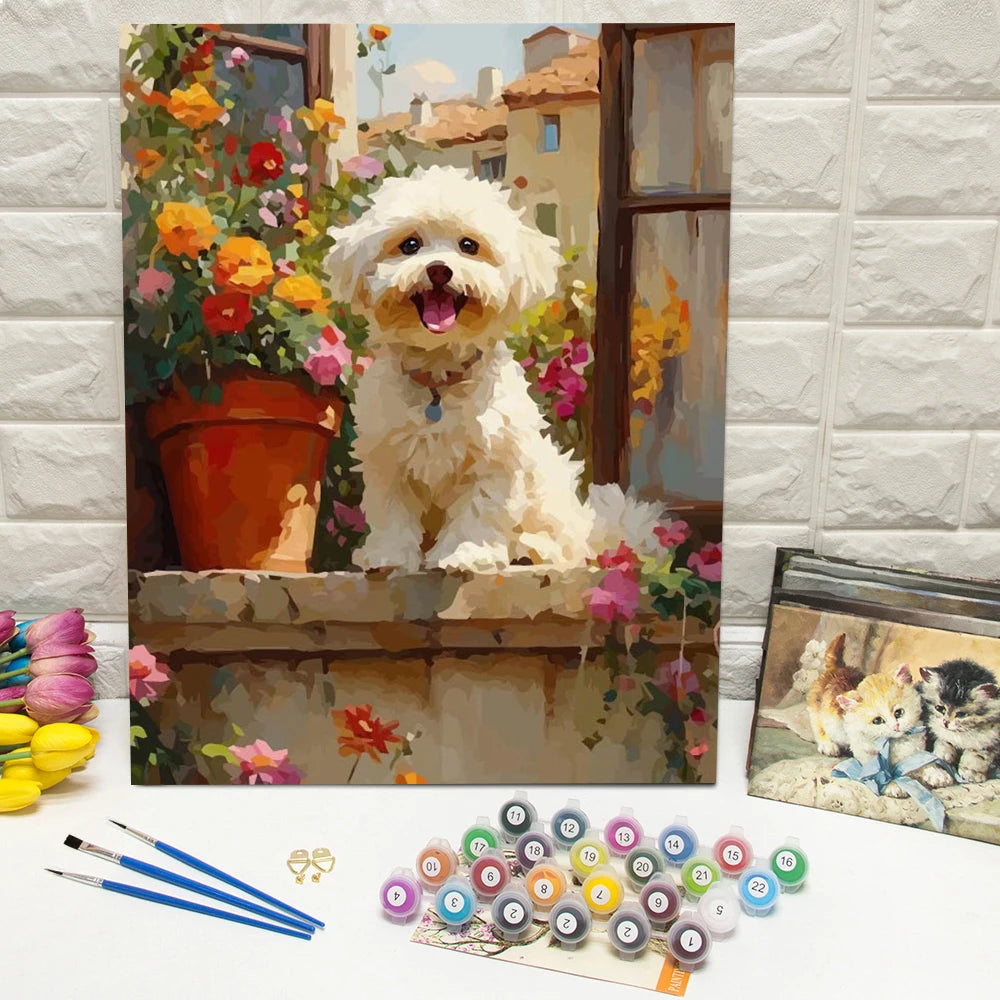 DIY Digital Oil  Painting By Numbers Flower Puppy Drawing On Canvas