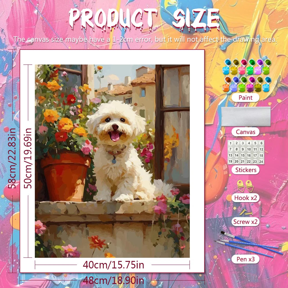 DIY Digital Oil  Painting By Numbers Flower Puppy Drawing On Canvas