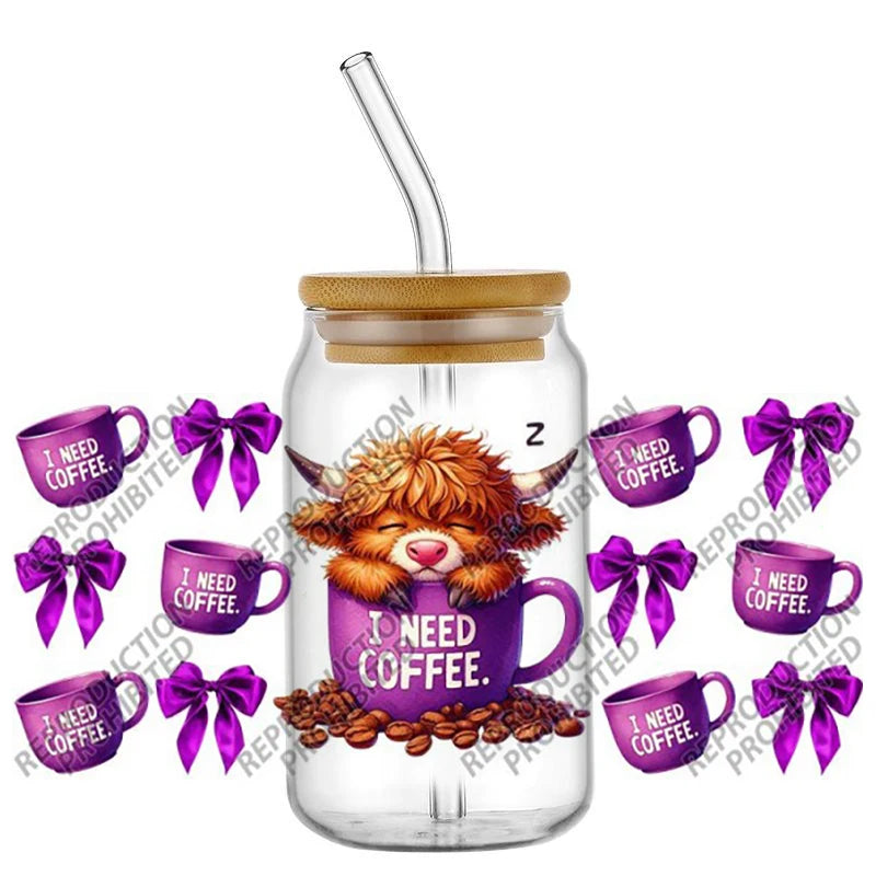 Scotland cow I need coffee UV DTF  Decals for 16oz cup wraps