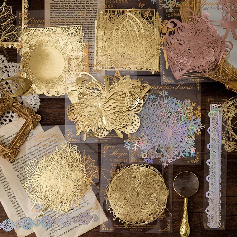 10Pcs Gold Lace Leaf Paper Scrapbook Sticker Die Cut