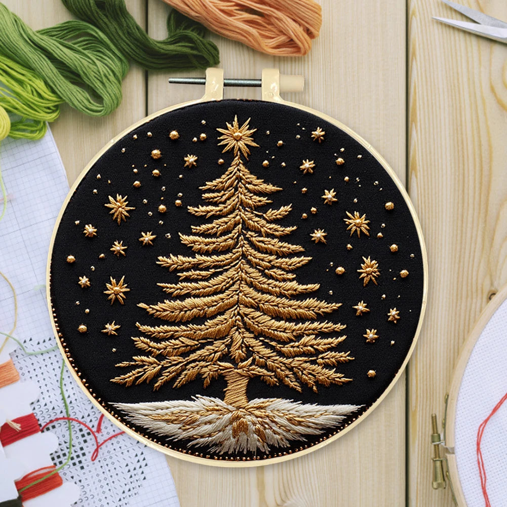 Christmas Tree Stamped Cross Stitch Embroidery Kits with Hoop Cloth Color Thread