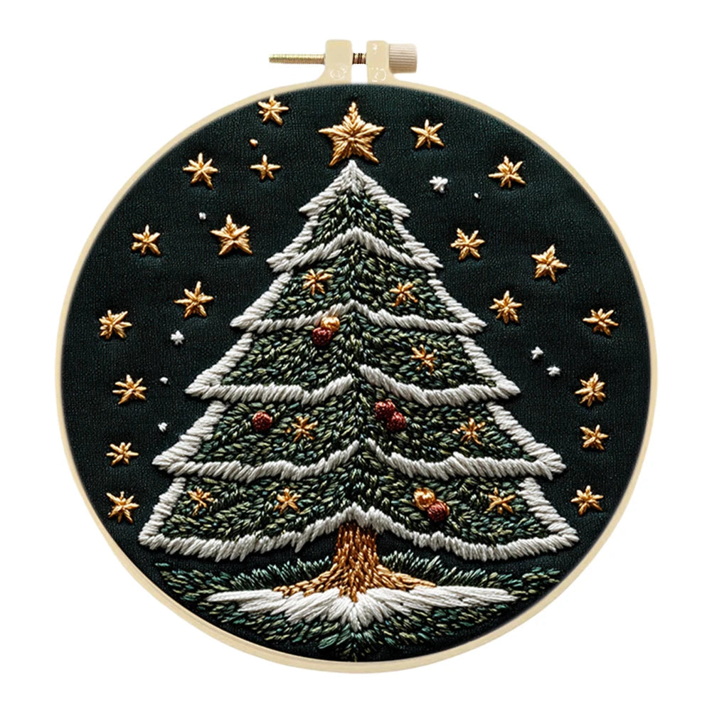 Christmas Tree Stamped Cross Stitch Embroidery Kits with Hoop Cloth Color Thread