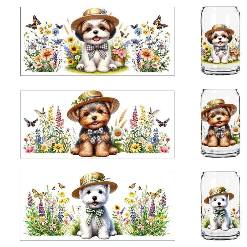 Cute dogs artwork UV 3D transfers UV DTF  stickers 16oz cup wraps