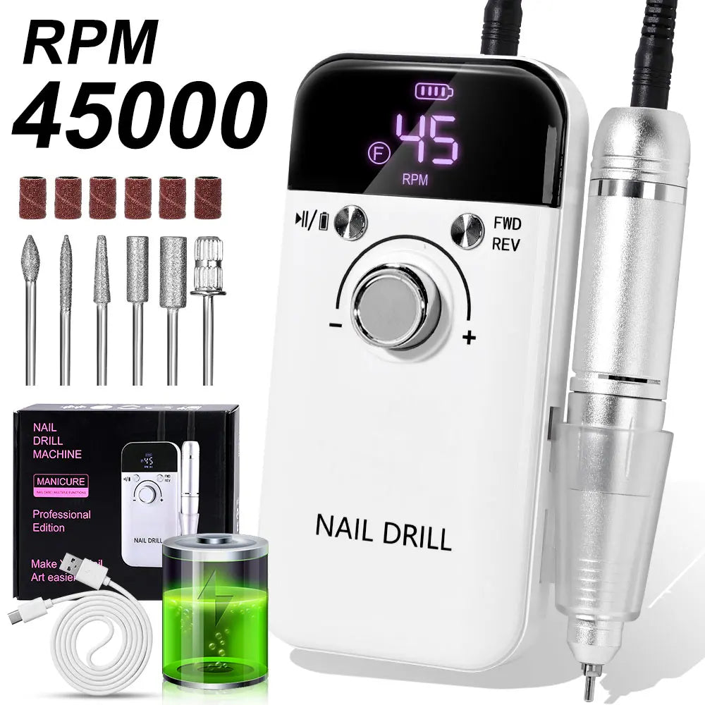 45000RPM Electric Nail Drill Polisher Rechargeable Portable Electric Nail File Machine Kit for Home Acrylic Gel Nails Polishing