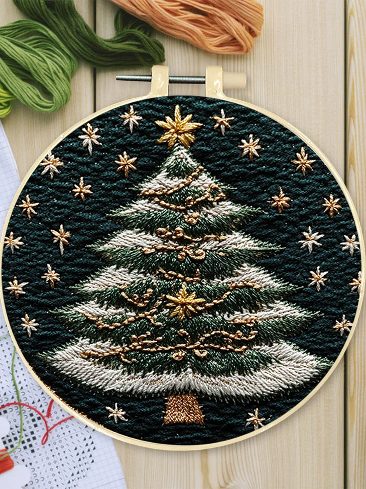 Christmas Tree Stamped Cross Stitch Embroidery Kits with Hoop Cloth Color Thread