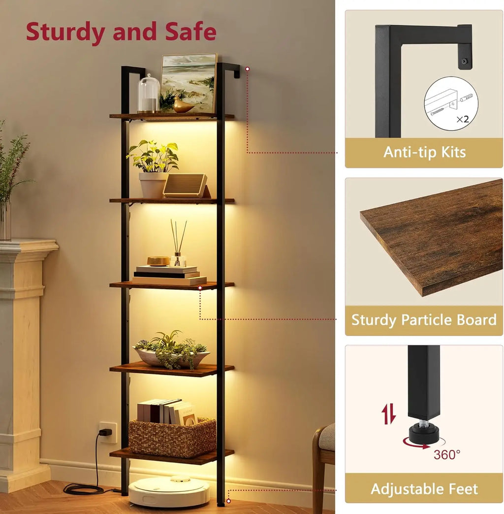 5-Tier Wall-Mounted Ladder Shelf with LED Light, Metal Frame
