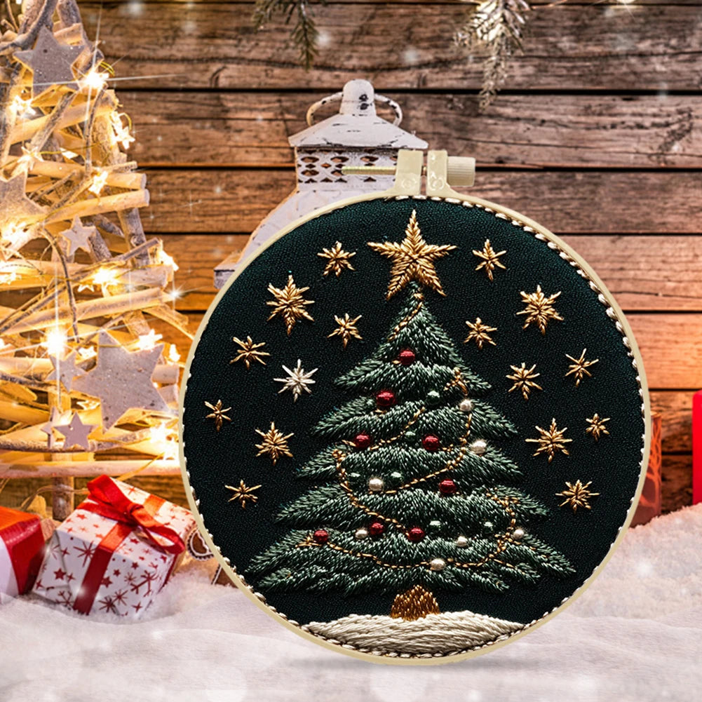 Christmas Tree Stamped Cross Stitch Embroidery Kits with Hoop Cloth Color Thread