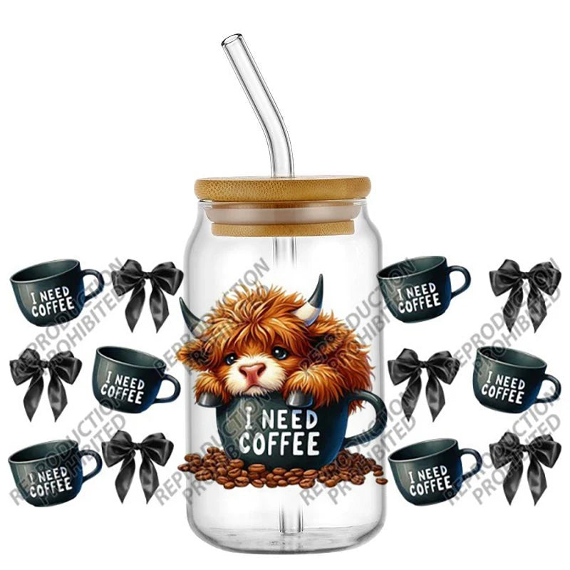 Scotland cow I need coffee UV DTF  Decals for 16oz cup wraps