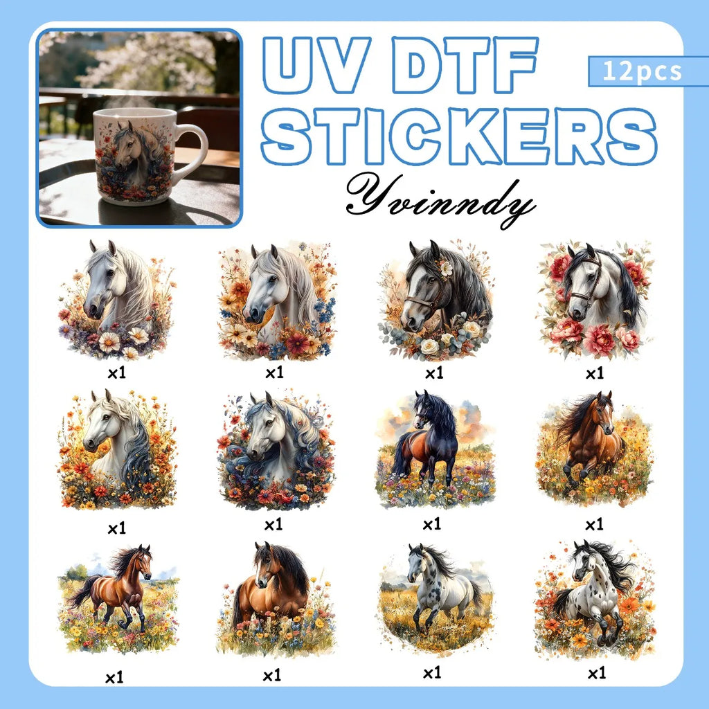 12PCS/SETFloral Horse UV DTF DIY Transfer Stickers