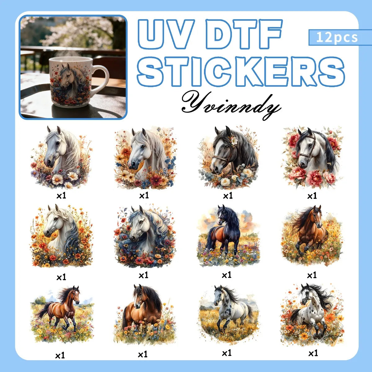 12PCS/SETFloral Horse UV DTF DIY Transfer Stickers
