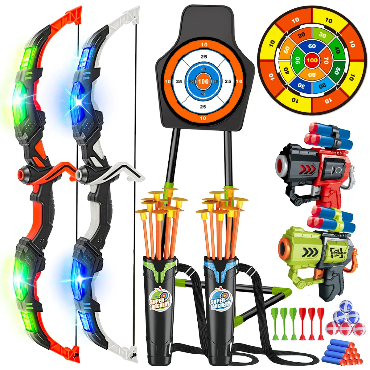 VATOS 2X Bow Arrow + Guns Toy For Kids Night-Light Archery Stand Target Board