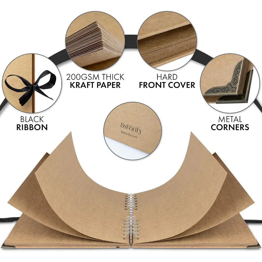 Bstorify Scrapbook Album 60 Pages 8 x 8 Inch Brown Thick 200gsm Kraft Paper Photo Album Scrapbook Memory Book - Ideal for Your