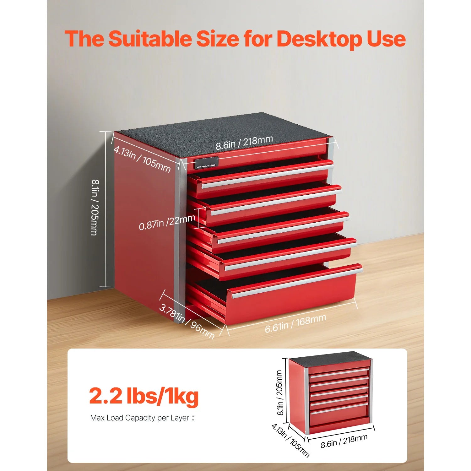 SucceBuy 5-Drawer 8.6in Metal Tool Box Red/Black Portable with PP Feet