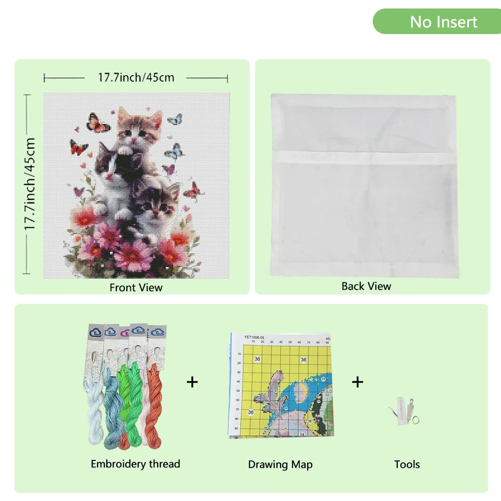 Cat Cross Stitch Pillow Kit Flower Printed Canvas 11CT Needlework Set Cartoon Handmade Craft Living Room Accessories