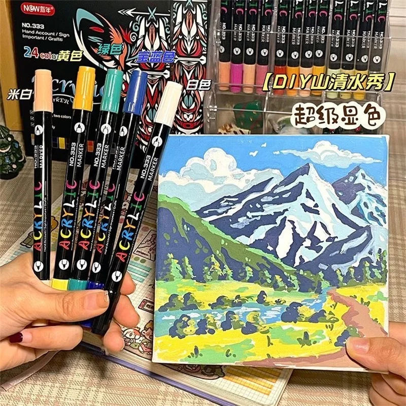 Professional Art Color Acrylic Paint Markers, Dual-Tip Fine and Brush Tip Pens,