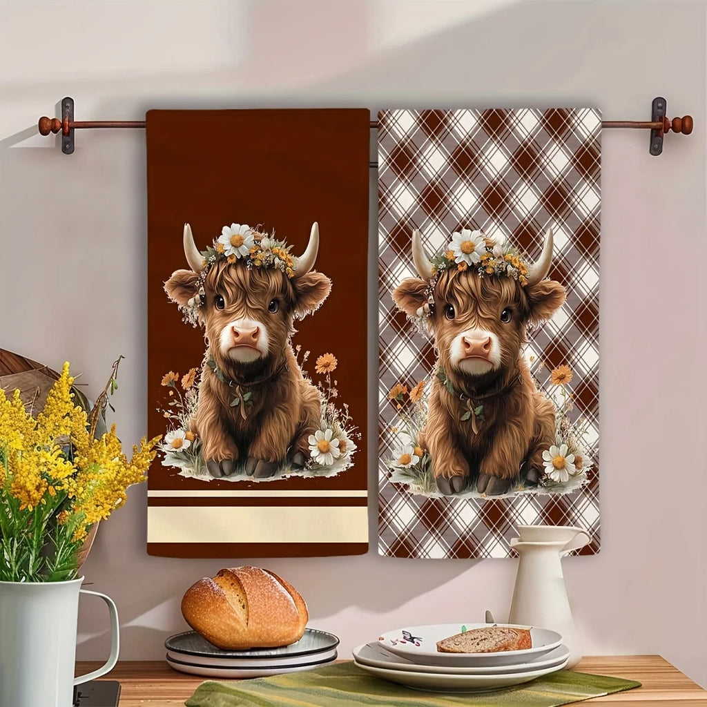2Pcs, Highland Cow Brown Plaid Kitchen Towels,