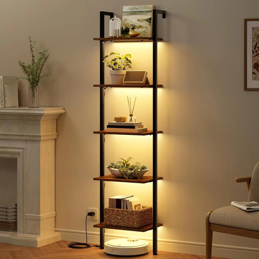 5-Tier Wall-Mounted Ladder Shelf with LED Light, Metal Frame