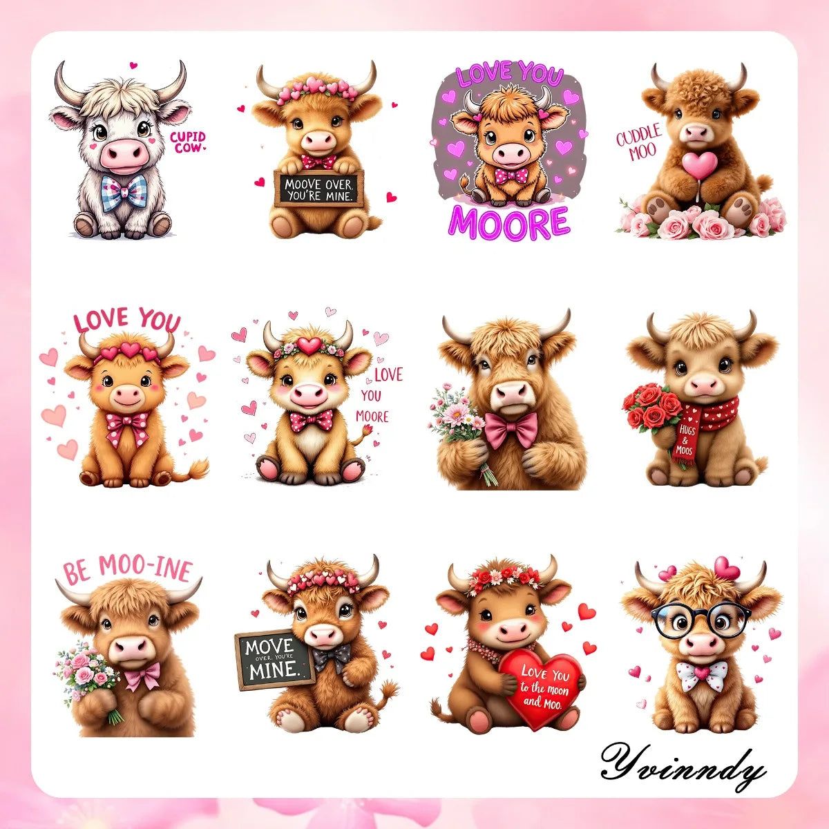 12Pcs/Set Naughty Cow And Valentine's Day  UV DTF High Self-Adhesive Transfer Paper