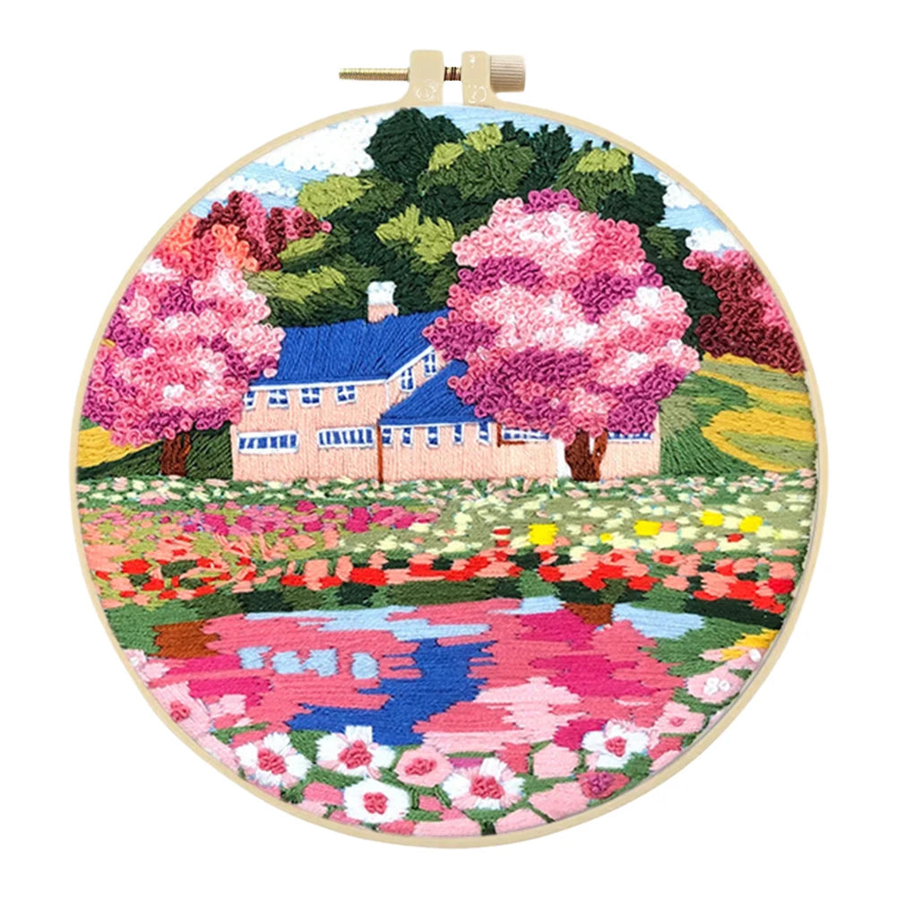 Landscape Stamped Cross Stitch Embroidery Kits with Hoop