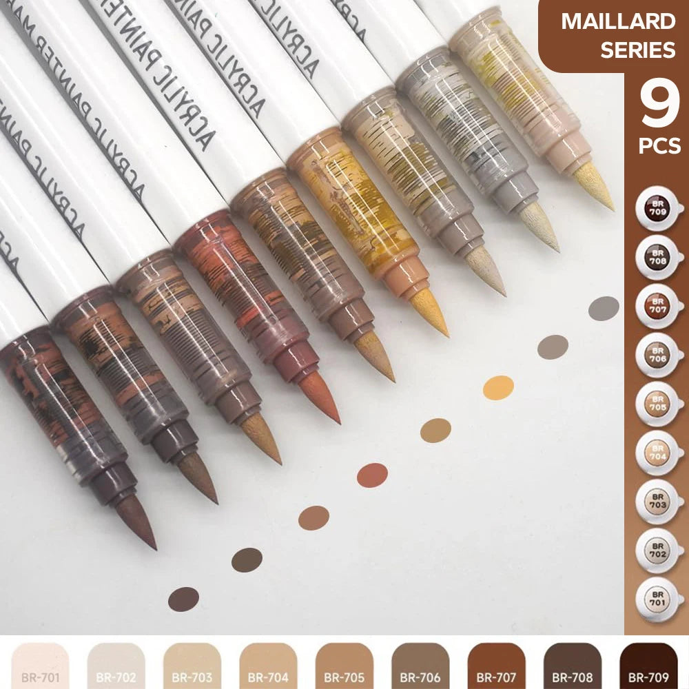 Acrylic Brush Markers Set 9 in grey, brown or flesh tones