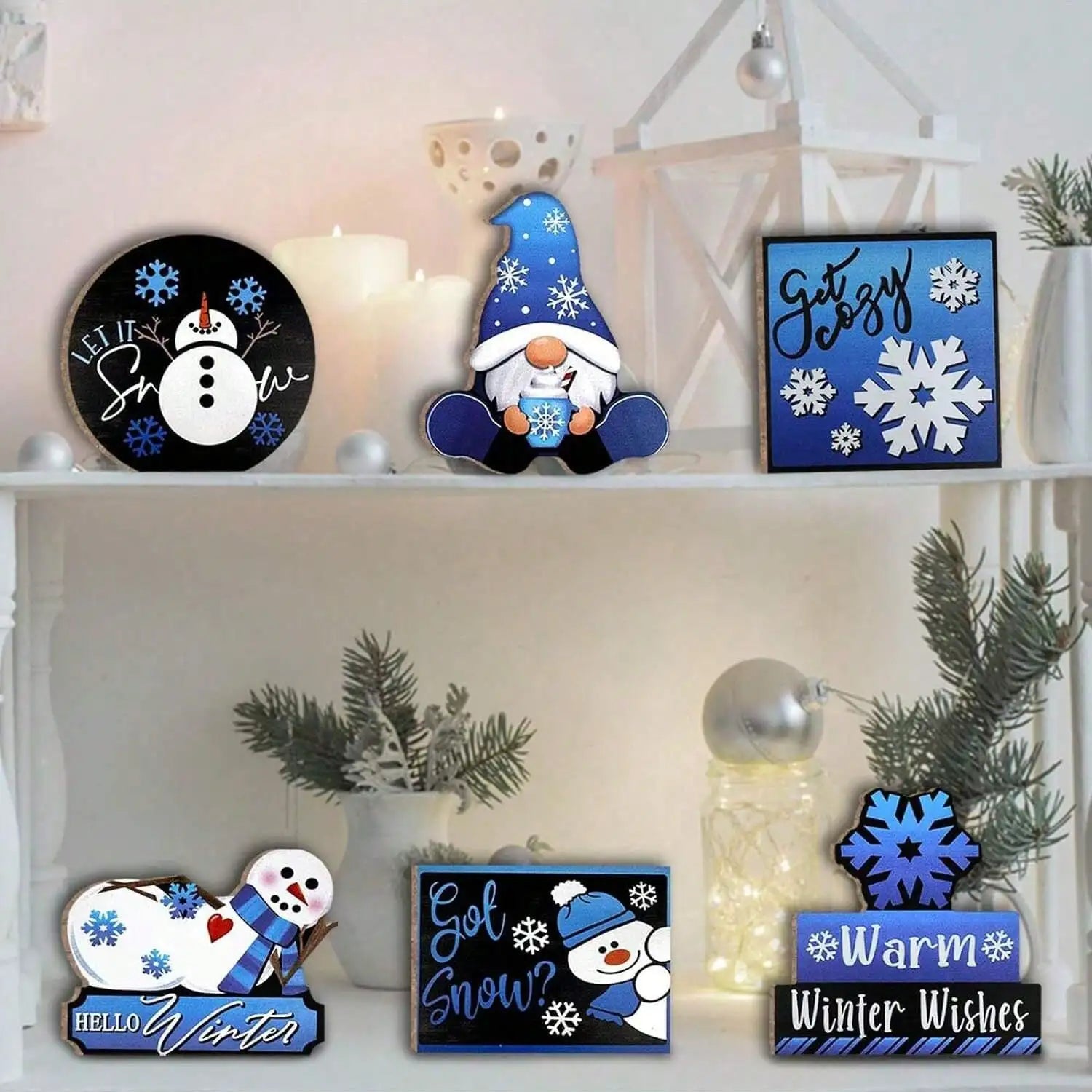 6PCS Winter Christmas  Blue Gnome/Snowman/Snowflake Wooden Signs,