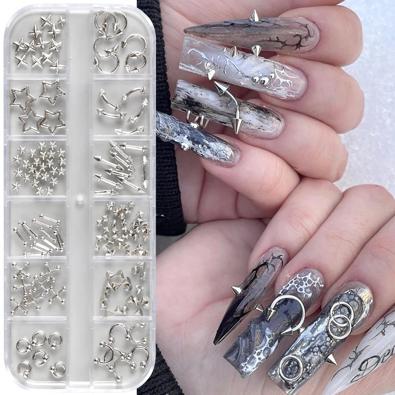 12 Grids Goth Punk Nail Charms Studs Y2K Piercing Designs Metallic Silvery Nails Art Rivets 3D Stars Alloy Nail Art Decorations