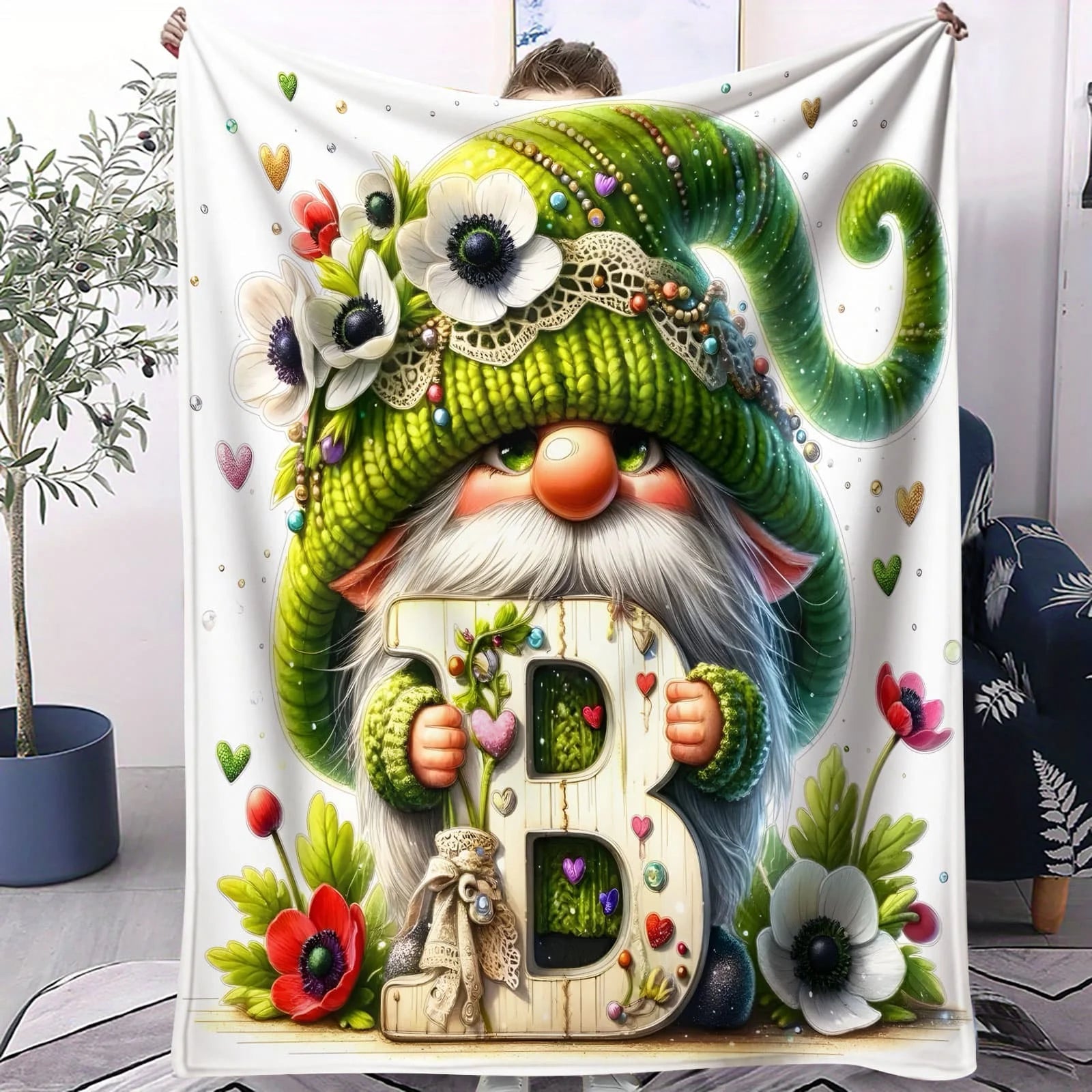 Fantasy Gnome Flannel Blanket Flower Christmas Gnomes Bedroom Throw Decor Camping Sofa Blanket Kids Couples Family Friends Gift