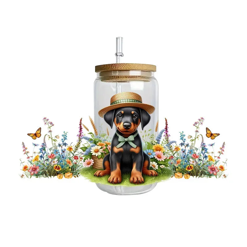 Cute dogs artwork UV 3D transfers UV DTF  stickers 16oz cup wraps