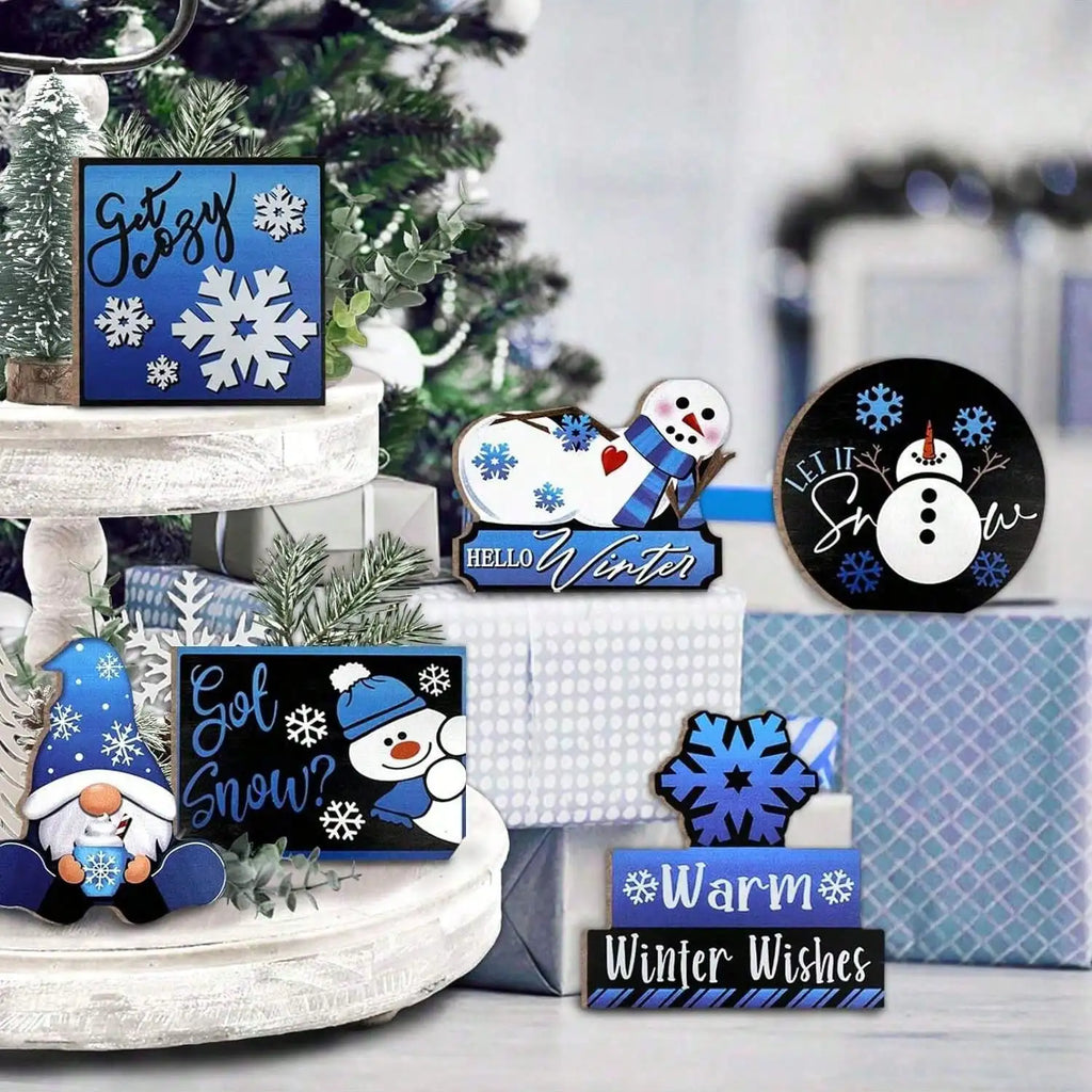 6PCS Winter Christmas  Blue Gnome/Snowman/Snowflake Wooden Signs,