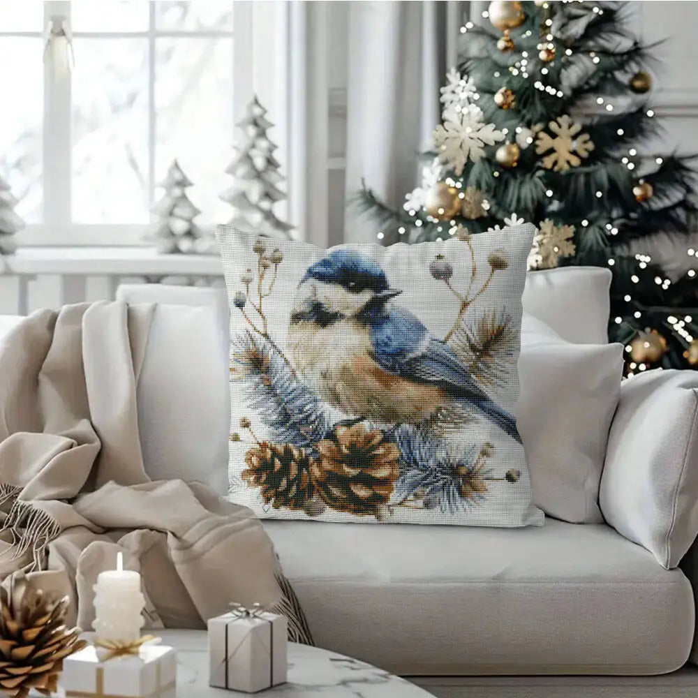 Cross Stitch Pillow Bird Pinecone 11ct Picture Printed Canvas