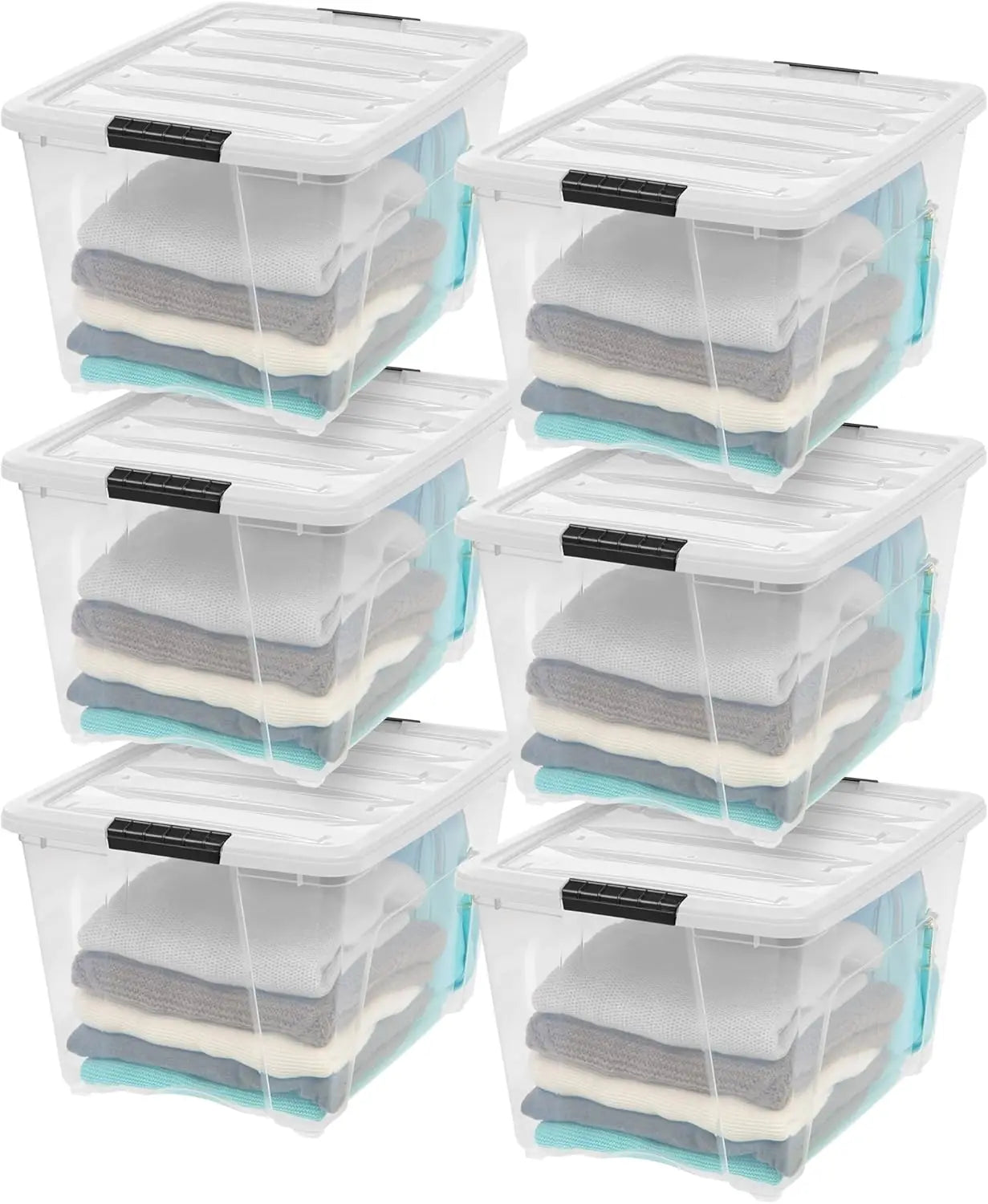 Stackable Plastic Storage Bins with Lids, Latches, Durable Nestable Containers, Secure Pull Handle - Pearl