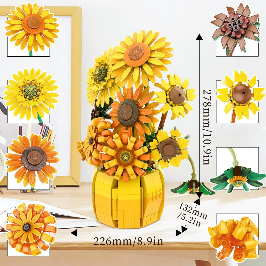 1009PCS Sunflower Building Blocks Flower Bouquet Vase Model Bricks Set