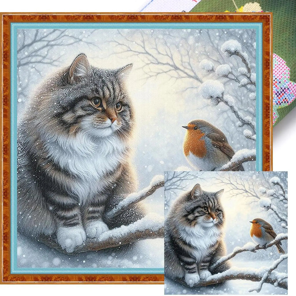 Cat Bird Printed Cross Stitch Kit 40x40cm DIY 11CT Embroidery Craft Set Decor