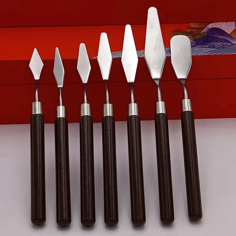 7PCS  Wood Stainless Steel Gouache Paint Pigment Mixing Knife Hand Tool