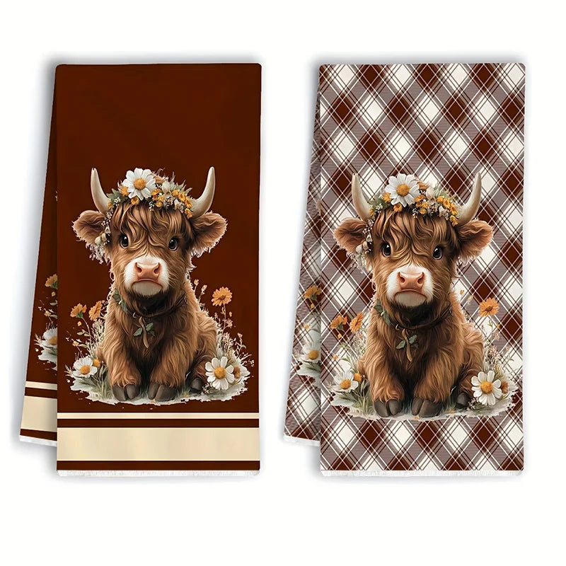 2Pcs, Highland Cow Brown Plaid Kitchen Towels,