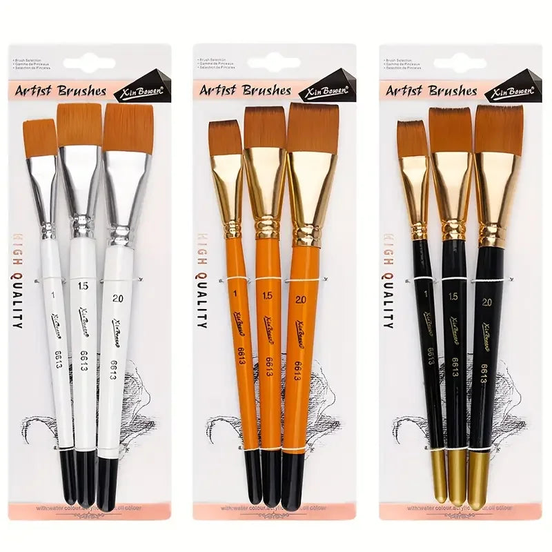 3pcs/Set Oil Painting Brushes-Wooden Mini Flat Nylon Paint Brush Set,Watercolor Brush for Body Painting Brush,Acrylic Art Paint