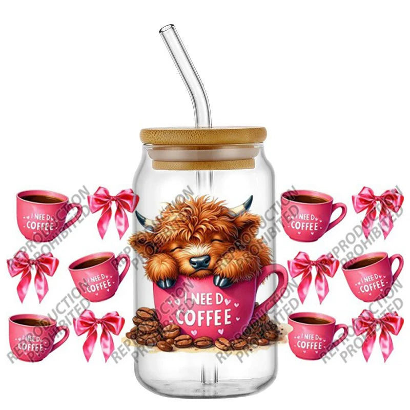 Scotland cow I need coffee UV DTF  Decals for 16oz cup wraps