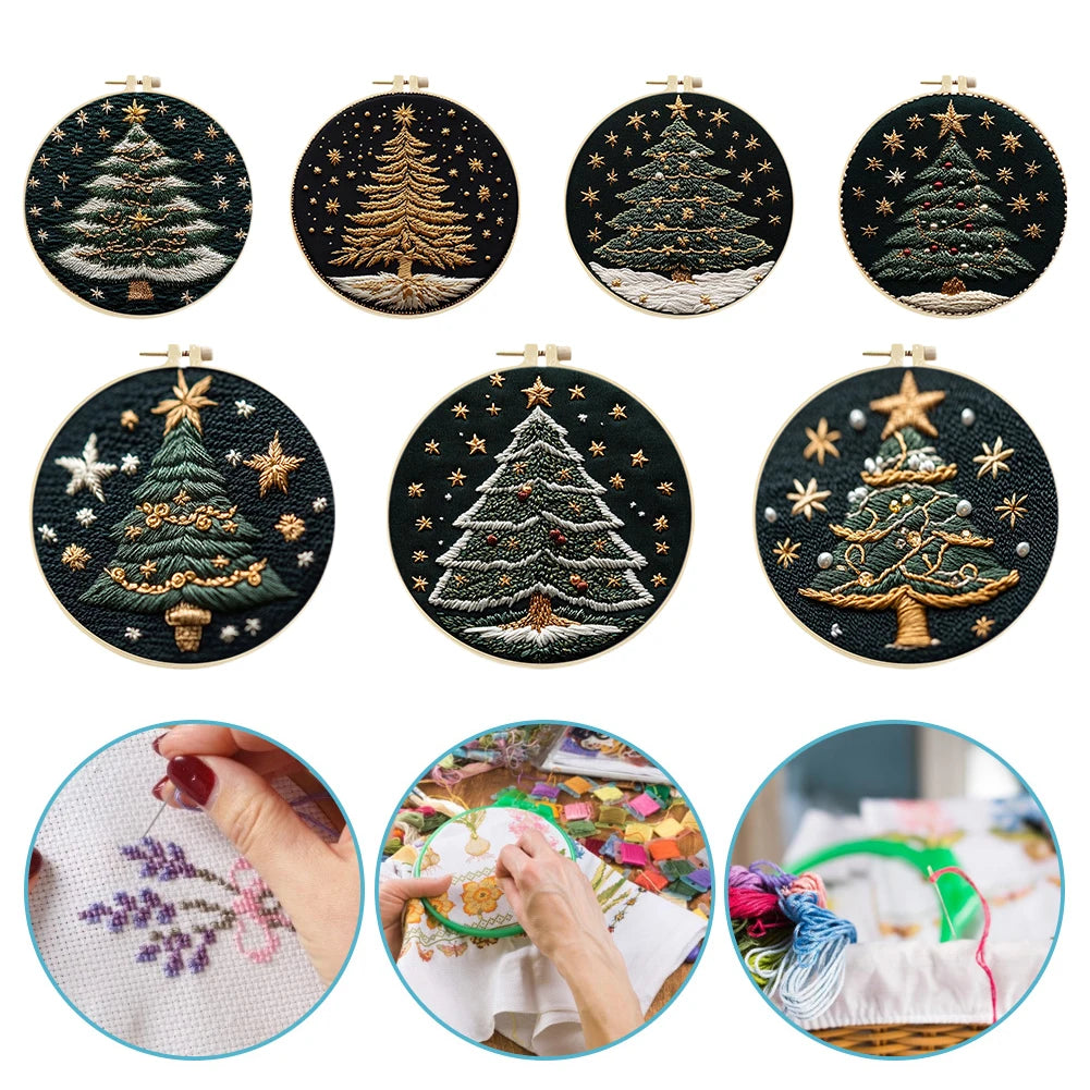 Christmas Tree Stamped Cross Stitch Embroidery Kits with Hoop Cloth Color Thread