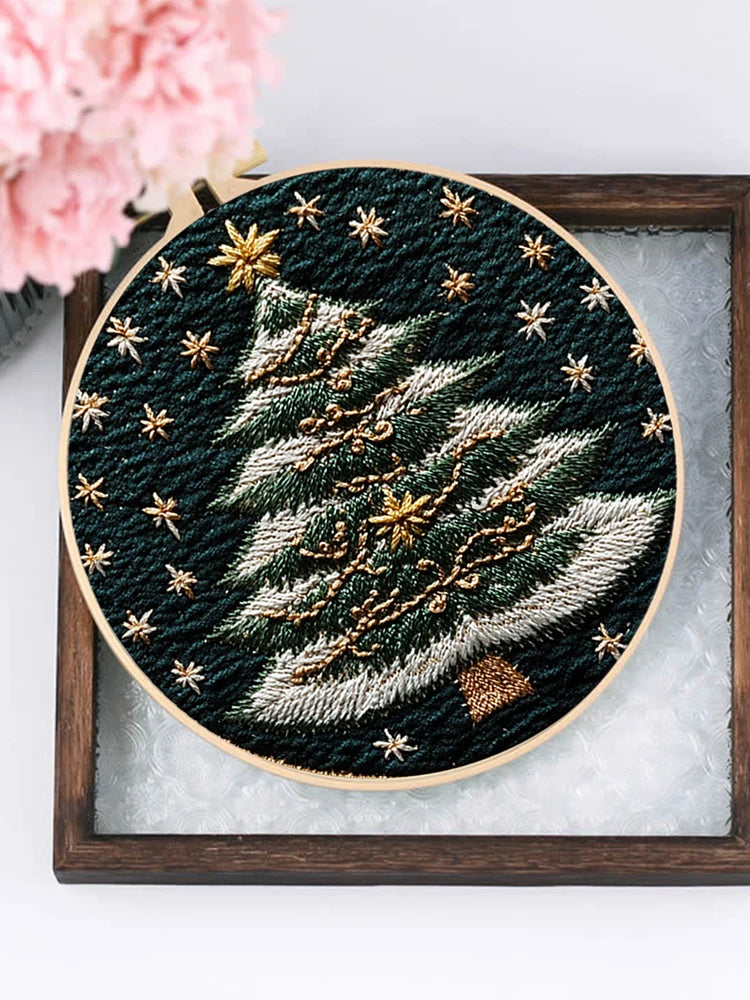 Christmas Tree Stamped Cross Stitch Embroidery Kits with Hoop Cloth Color Thread