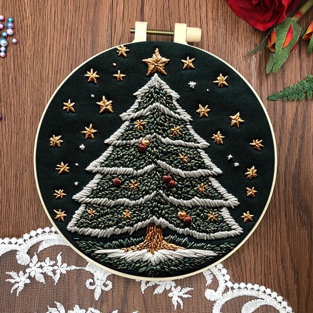 Christmas Tree Stamped Cross Stitch Embroidery Kits with Hoop Cloth Color Thread