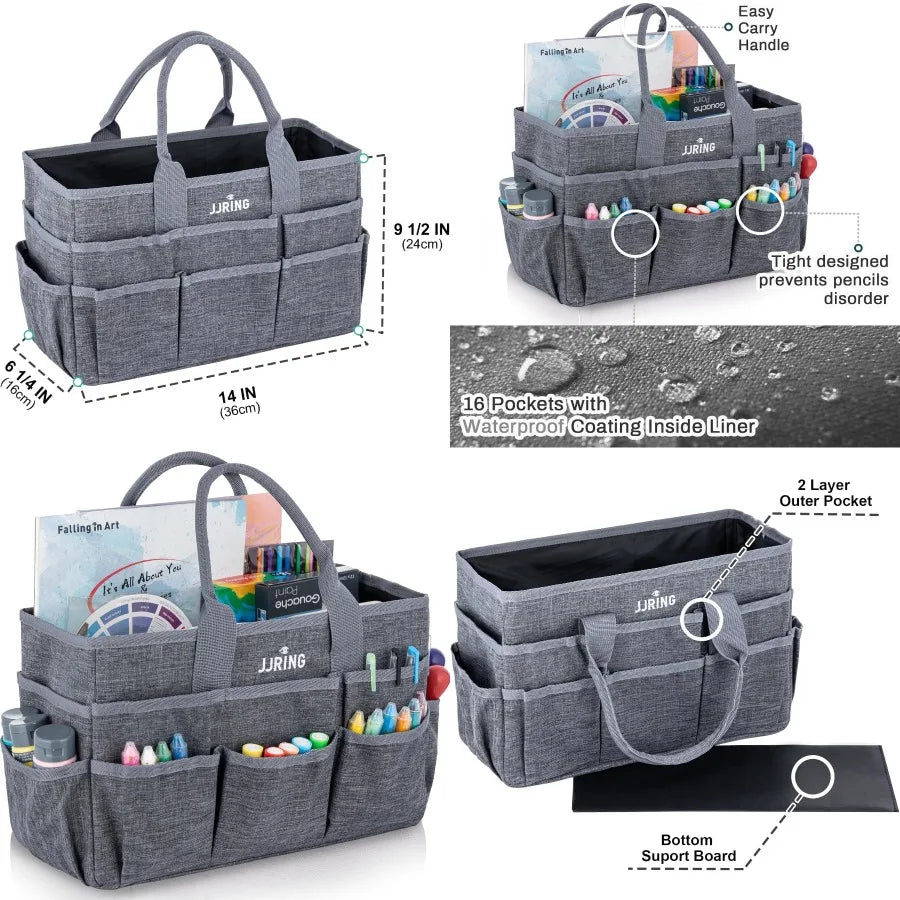 JJRING Craft Tote Bag Organizer for Art Storage in Grey with Multiple Pockets