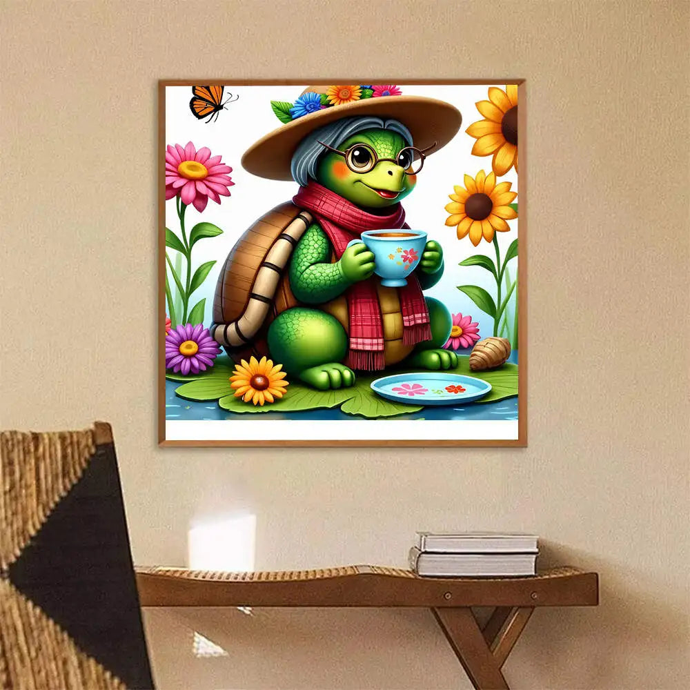 Full 11CT Embroidery Cross Stitch Kits Charming Turtle Tea Scene Pre Printed Aida Cloth