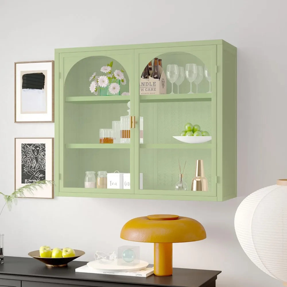 Retro Mint Green Glass Door Wall Cabinet with Removable Shelves