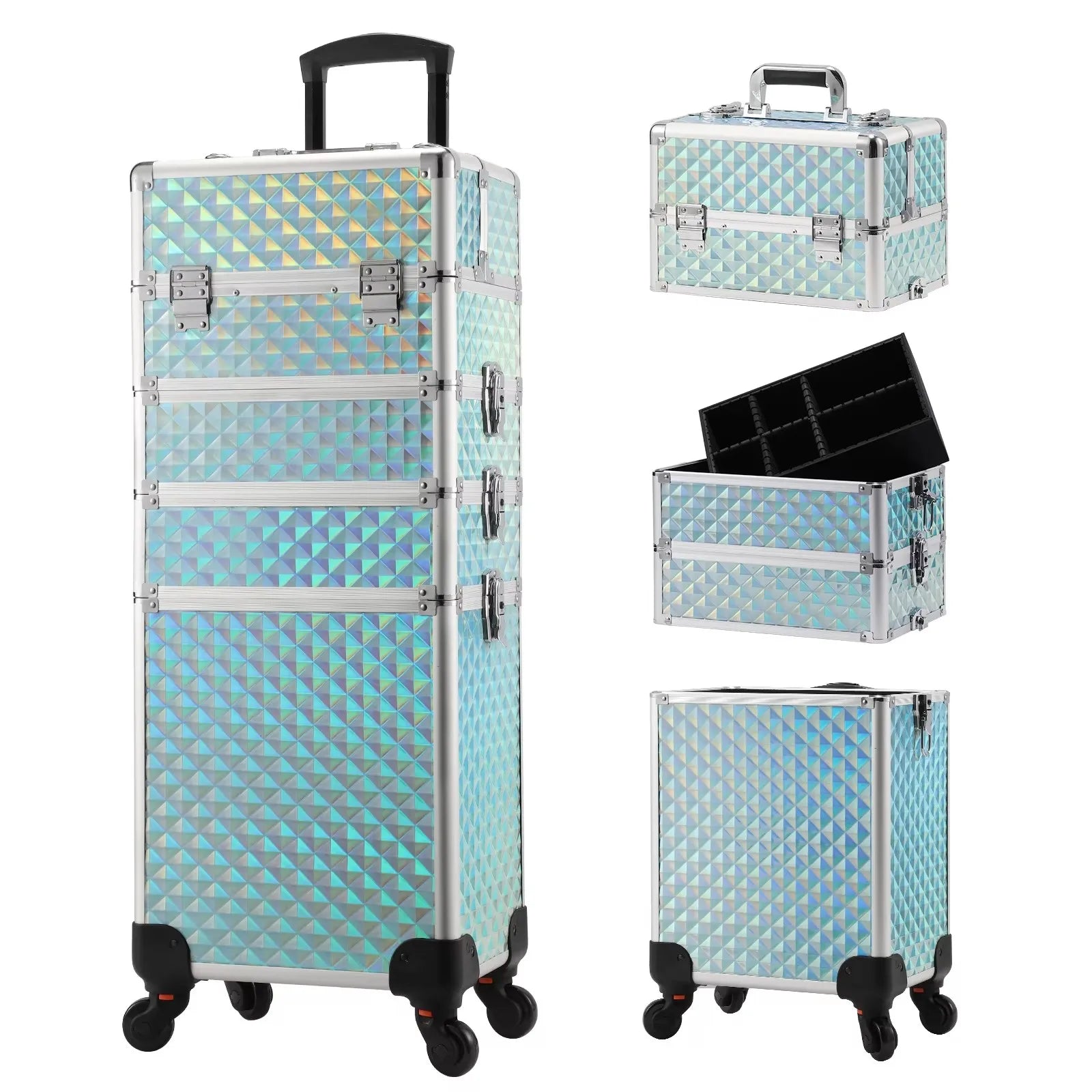 Makeup Trolley Case Detachable 4 in 1 Alloy Train Briefcase for Nail Manicure on Wheels
